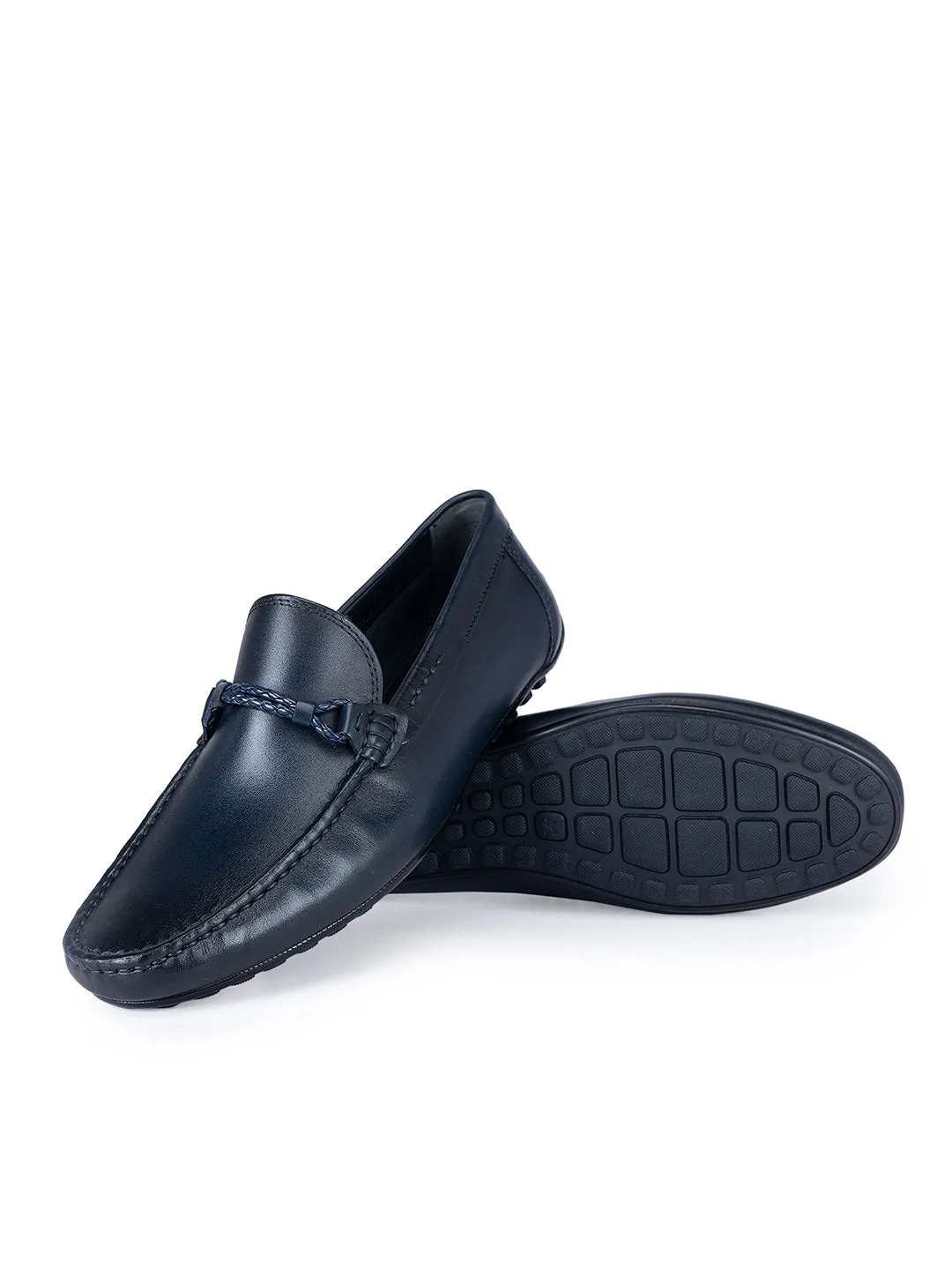 Navy Plain Leather Moccasins