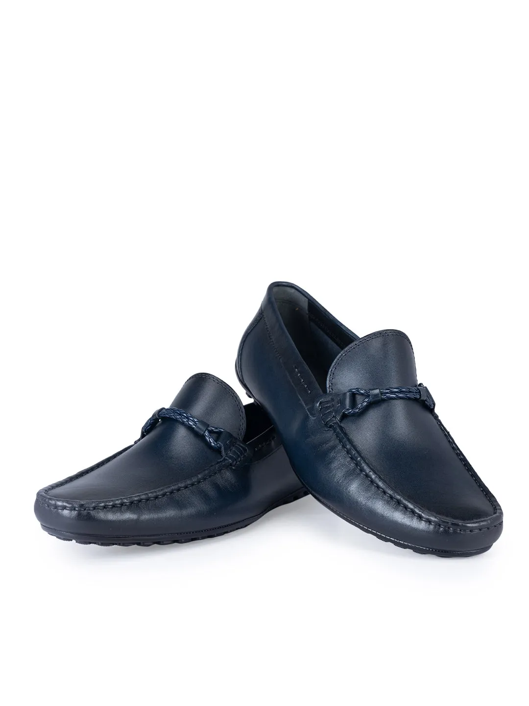 Navy Plain Leather Moccasins
