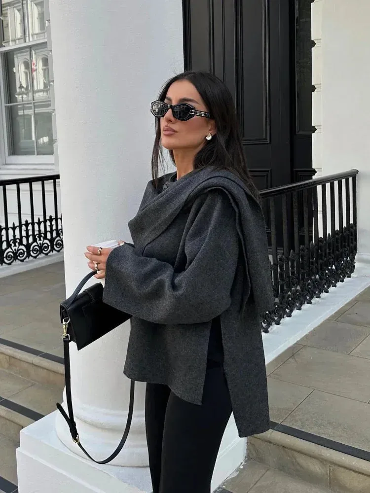 New Fashion Scarf Collar Woolen Jackets For Women Elegant Long Sleeved Side Split Casual Coats Female Chic Autumn Overcoats