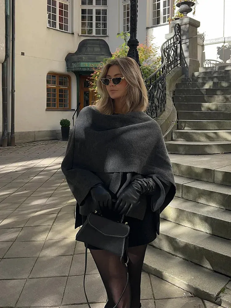 New Fashion Scarf Collar Woolen Jackets For Women Elegant Long Sleeved Side Split Casual Coats Female Chic Autumn Overcoats