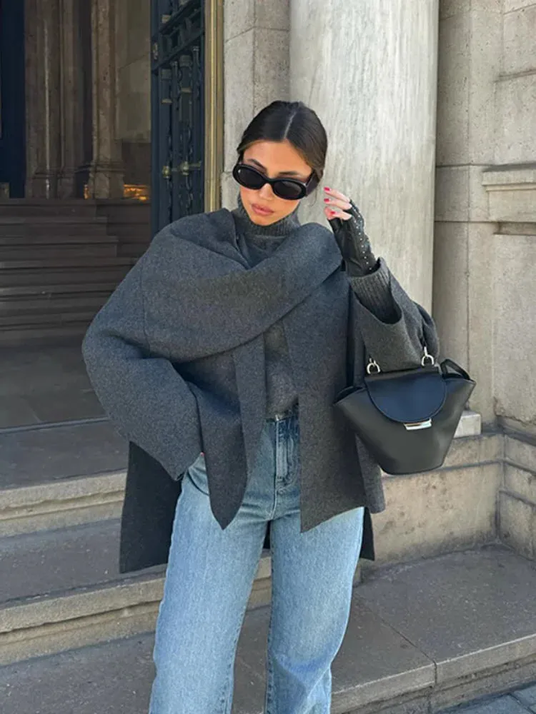 New Fashion Scarf Collar Woolen Jackets For Women Elegant Long Sleeved Side Split Casual Coats Female Chic Autumn Overcoats