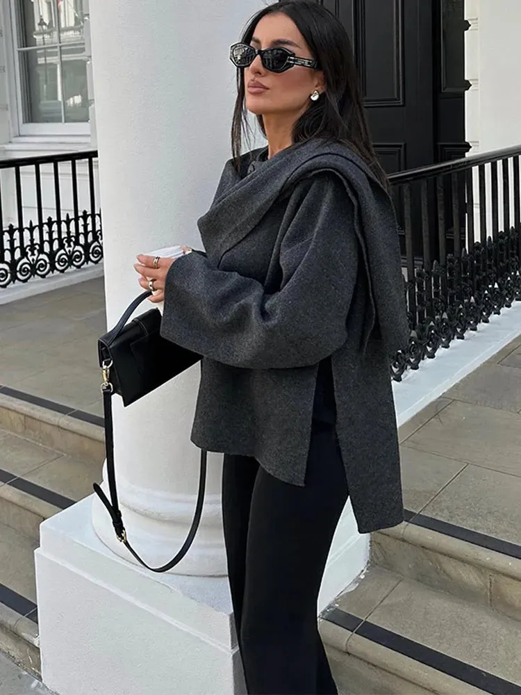 New Fashion Scarf Collar Woolen Jackets For Women Elegant Long Sleeved Side Split Casual Coats Female Chic Autumn Overcoats