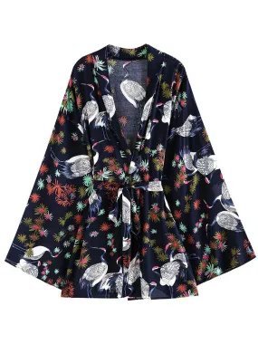 Night Wear Polyester Floral Print Dark-Blue Color Short Length Gown Robe Kimono Duster Robe
