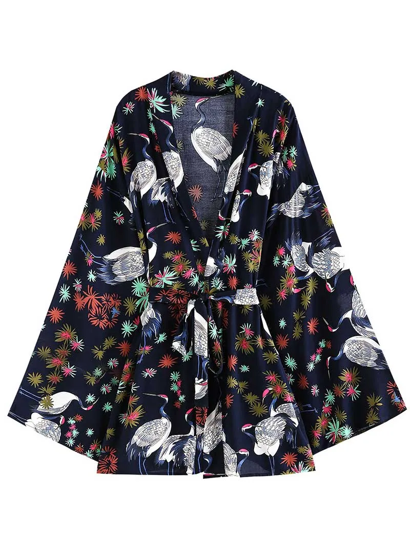 Night Wear Polyester Floral Print Dark-Blue Color Short Length Gown Robe Kimono Duster Robe