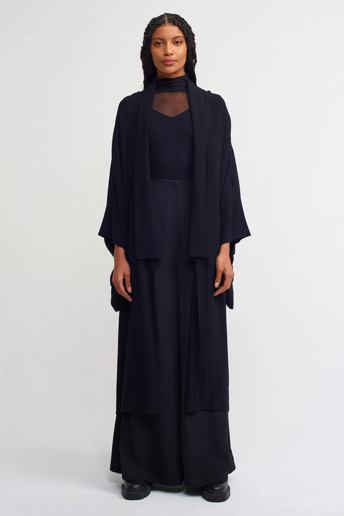 Nu Solid Open-Front Kimono Outerwear Black