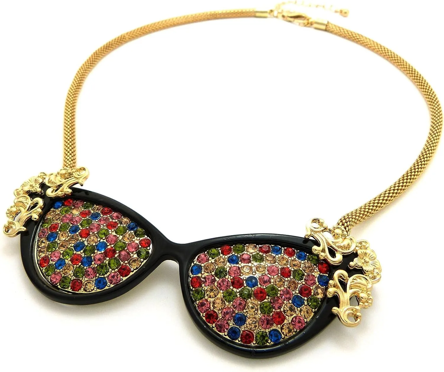 NYFASHION101 Rhinestone Cat Eye Vintage Sunglasses Pendant w/ 4mm 16" Mesh Chain Necklace
