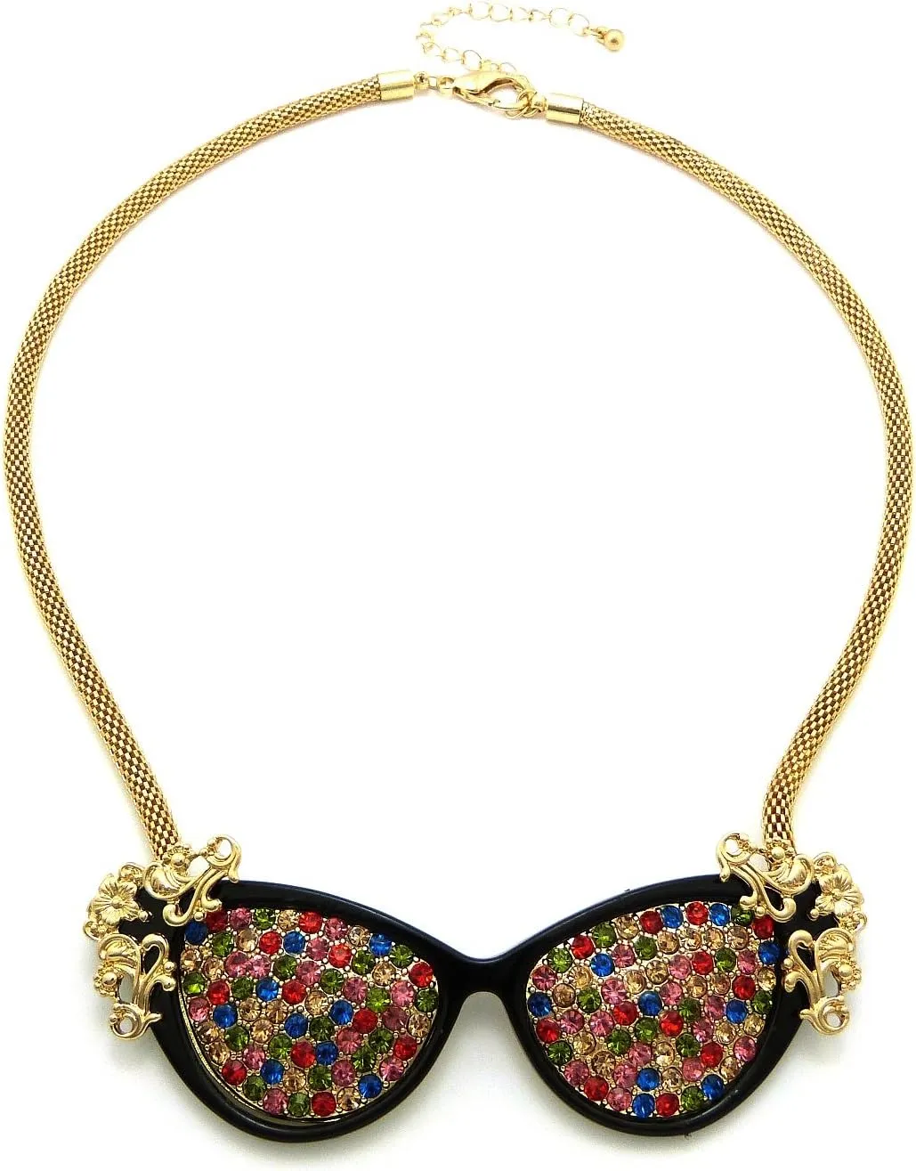 NYFASHION101 Rhinestone Cat Eye Vintage Sunglasses Pendant w/ 4mm 16" Mesh Chain Necklace