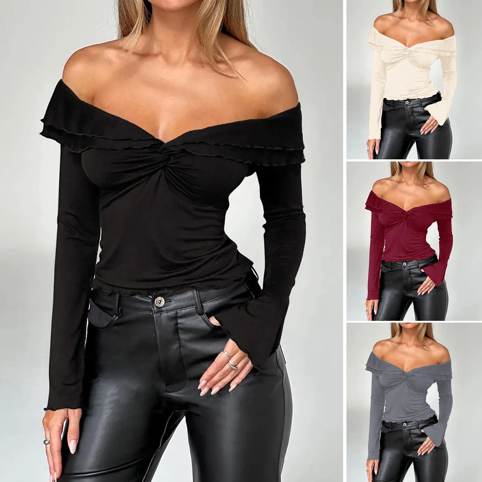 Off-Shoulder Solid Color Long-Sleeved Knitted Tops Wholesale Womens Clothing N3824091000081