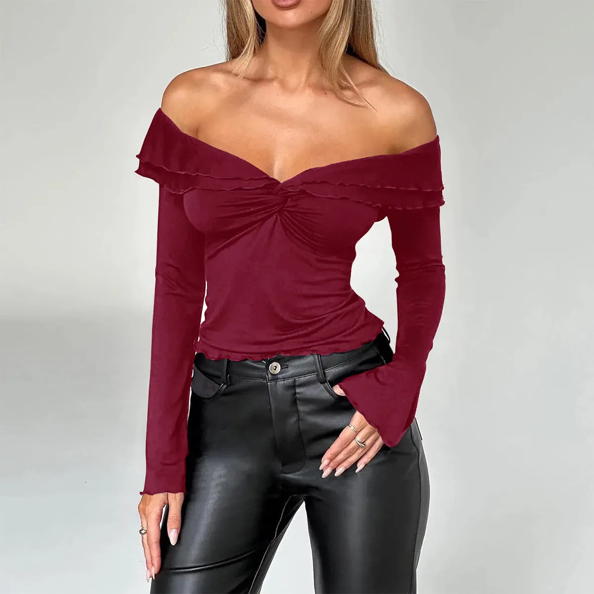 Off-Shoulder Solid Color Long-Sleeved Knitted Tops Wholesale Womens Clothing N3824091000081