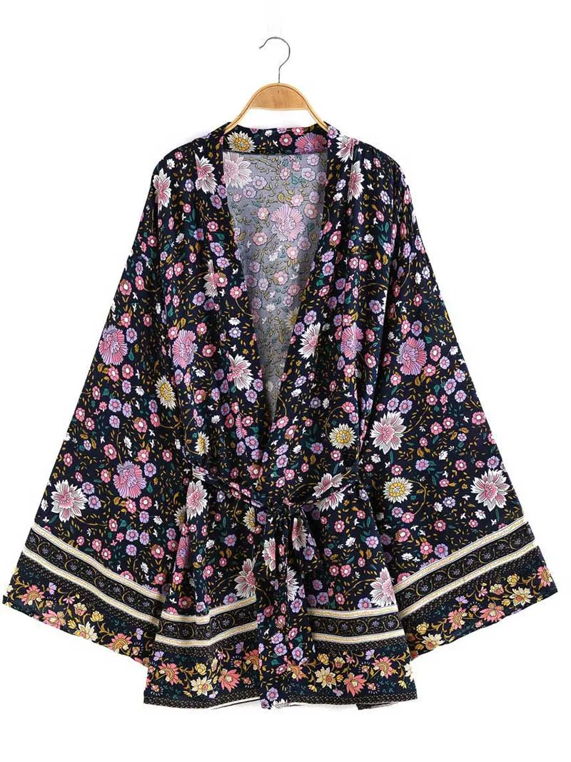 Party Wear Short Length With Floral Print Black Color Cotton Gown Kimono Duster Robe