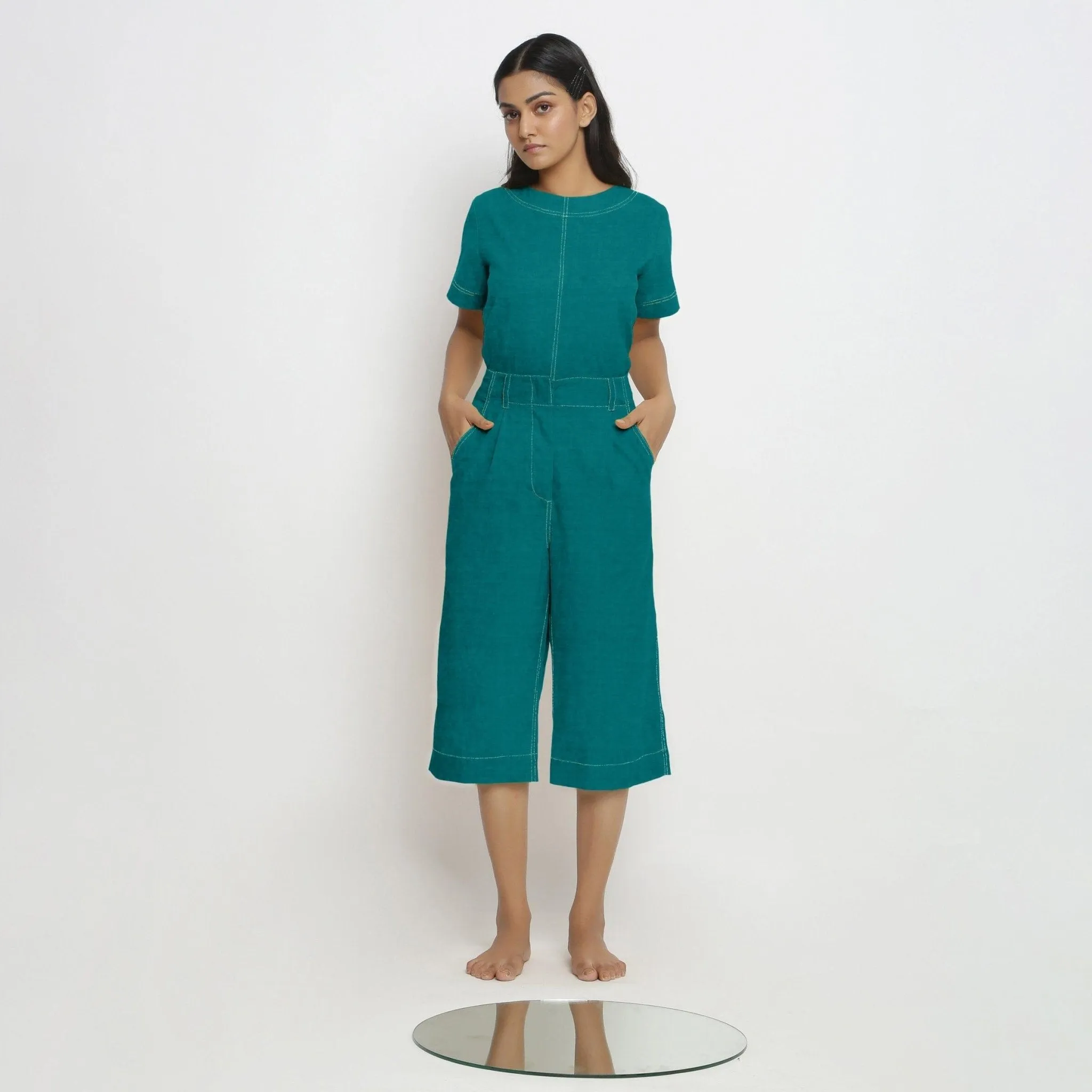 Pine Green Cotton Linen Mid-Rise Culottes