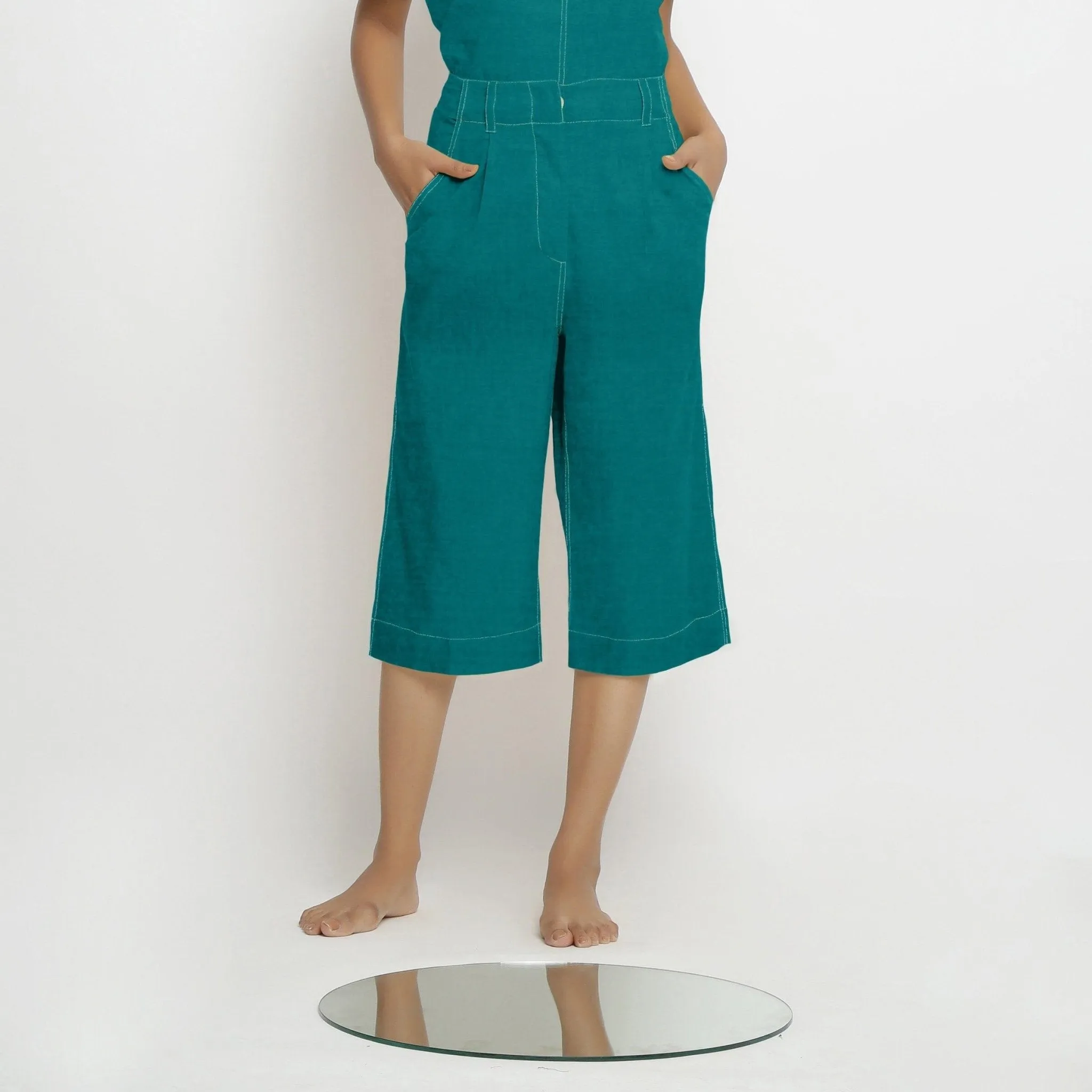 Pine Green Cotton Linen Mid-Rise Culottes
