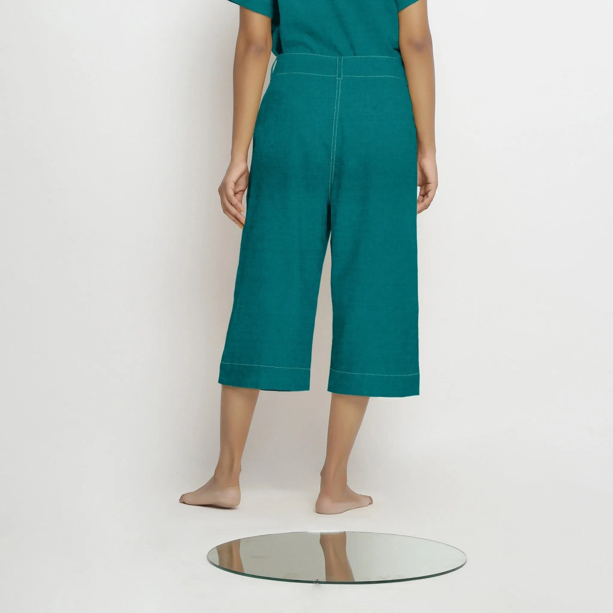 Pine Green Cotton Linen Mid-Rise Culottes