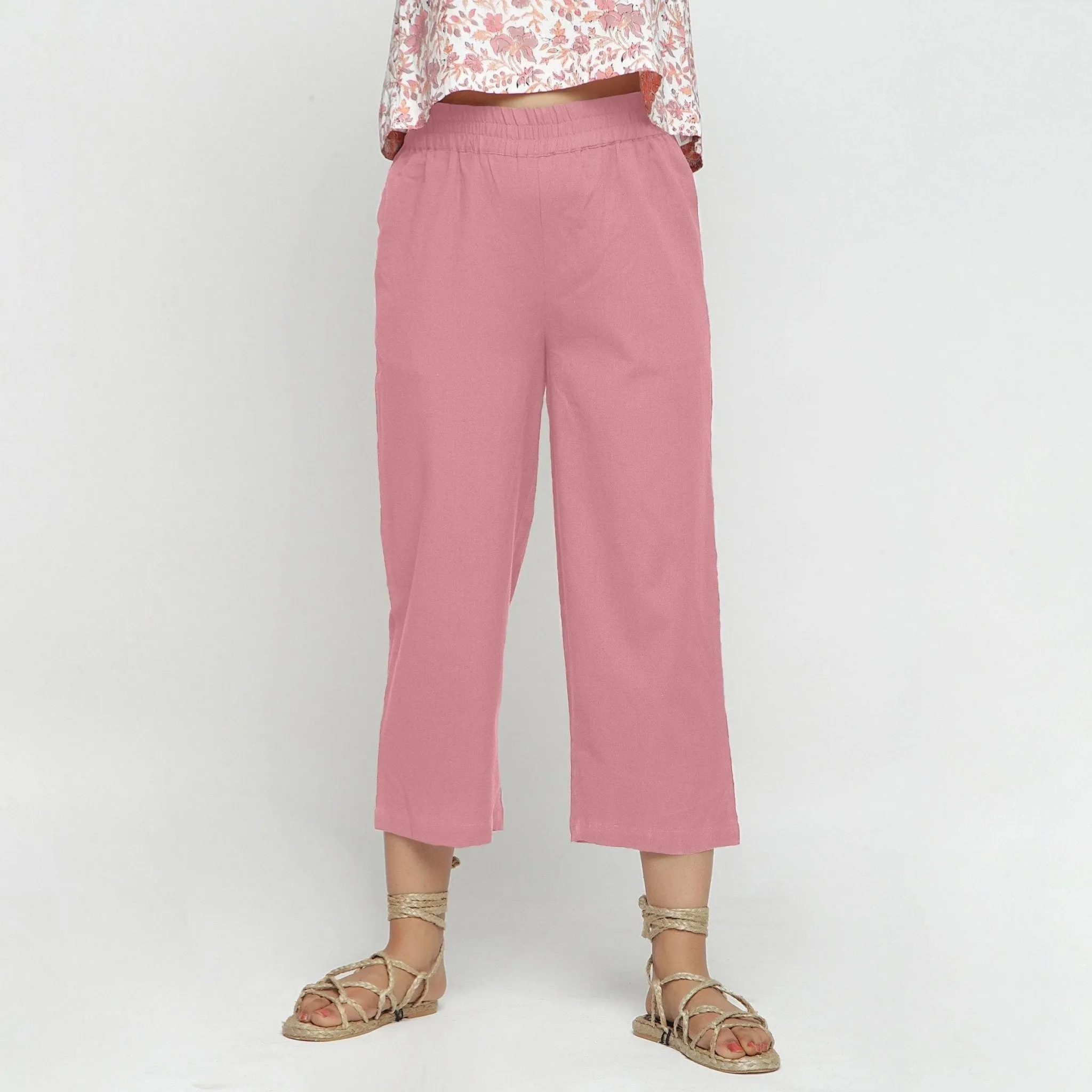 Pink Cotton Flax Elasticated Mid-Rise Culottes