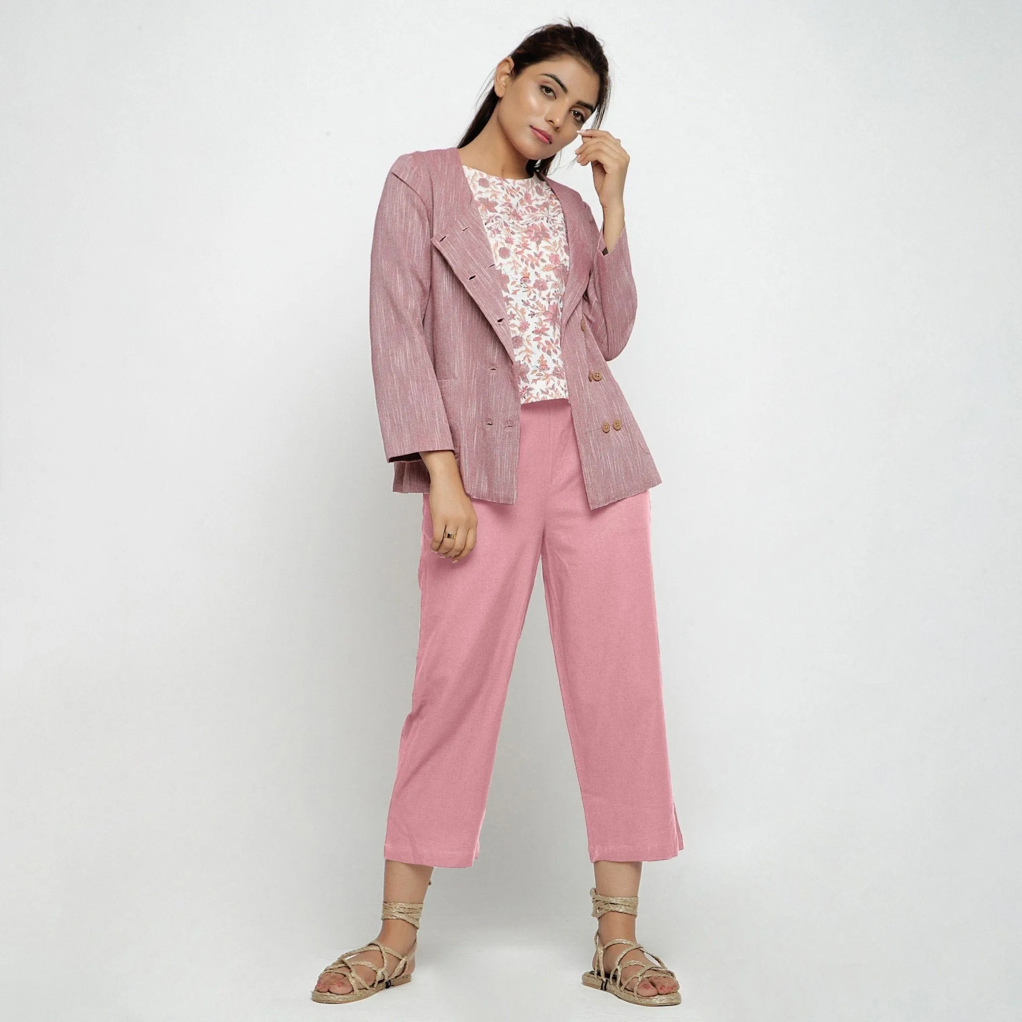 Pink Cotton Flax Elasticated Mid-Rise Culottes