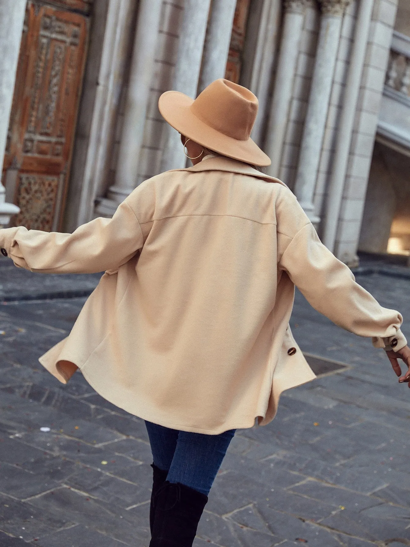 Plain Pocket Long Sleeve Collar Short Women Overcoat