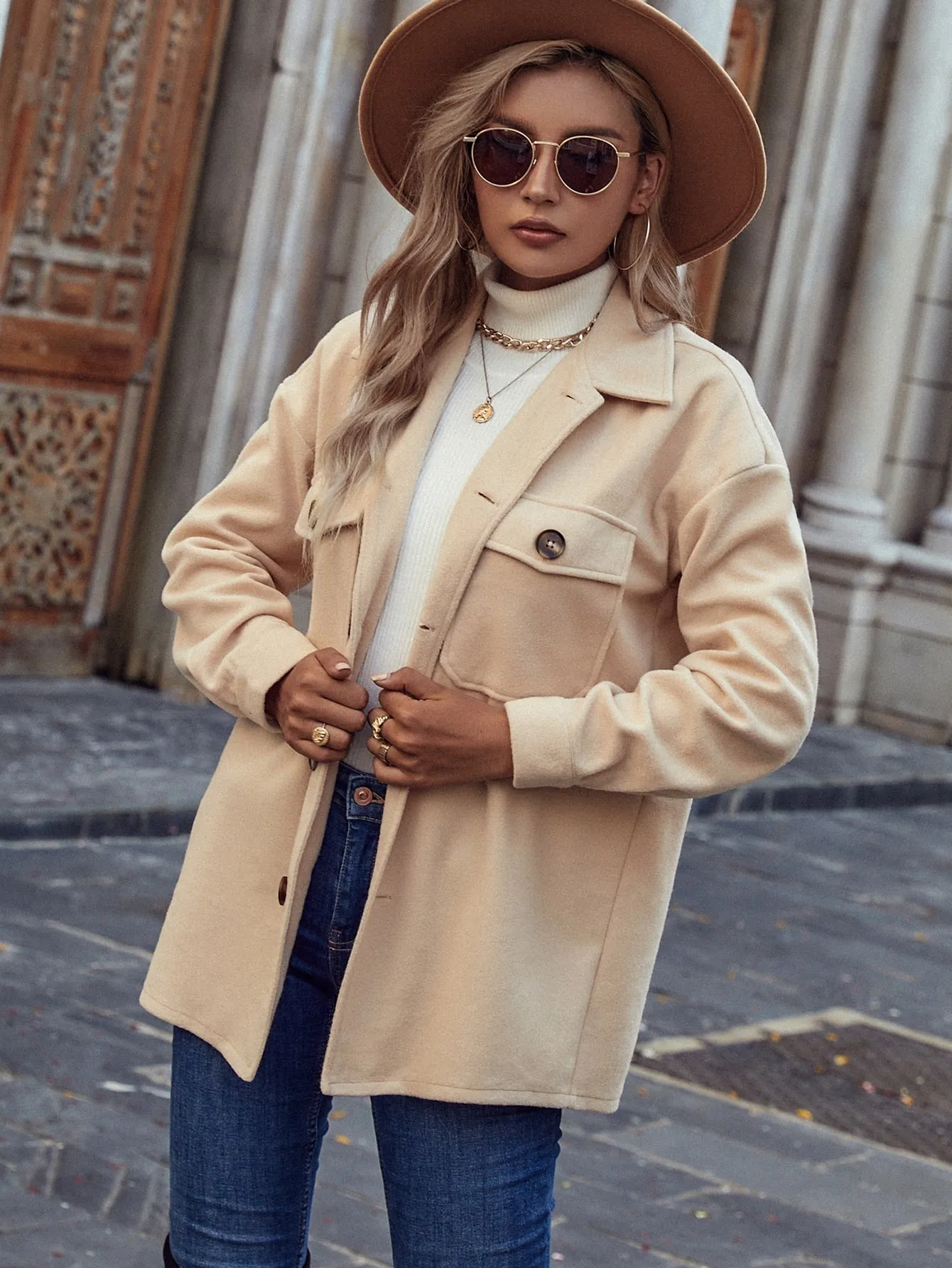 Plain Pocket Long Sleeve Collar Short Women Overcoat