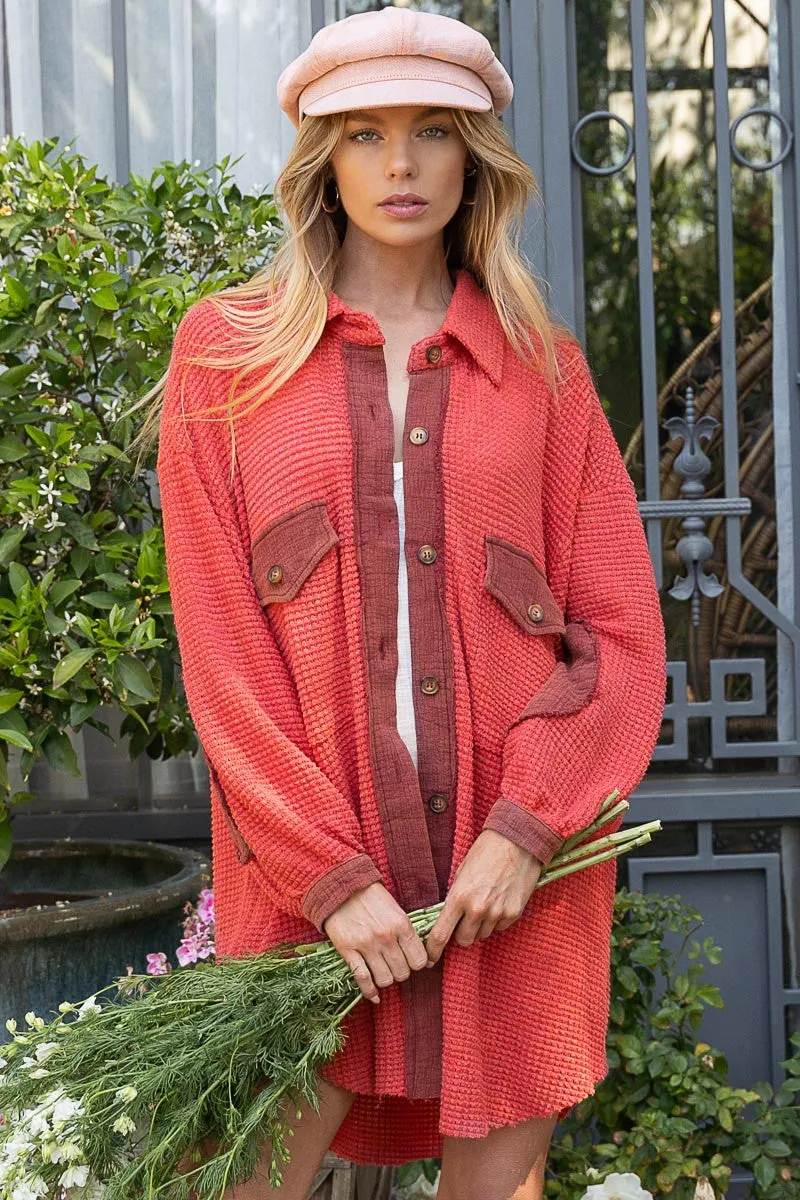 POL Oversized Waffle Knit Button Up Shirt
