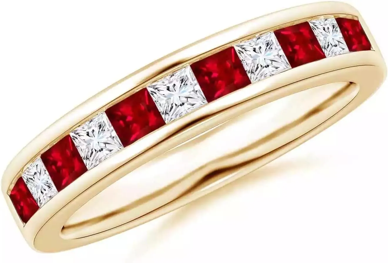 Princess Cut Simulated Ruby & Diamond Alternate Diamonds Half Eternity Wedding Band Ring In 925 Sterling Silver 14K Yellow Gold Finish for Women's