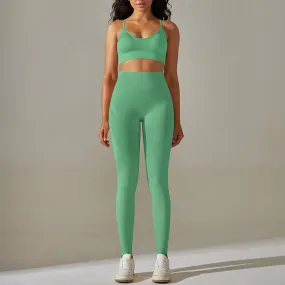Seamless Solid Color Crop Tops High Waist Leggings Sports Suit Wholesale Womens Clothing