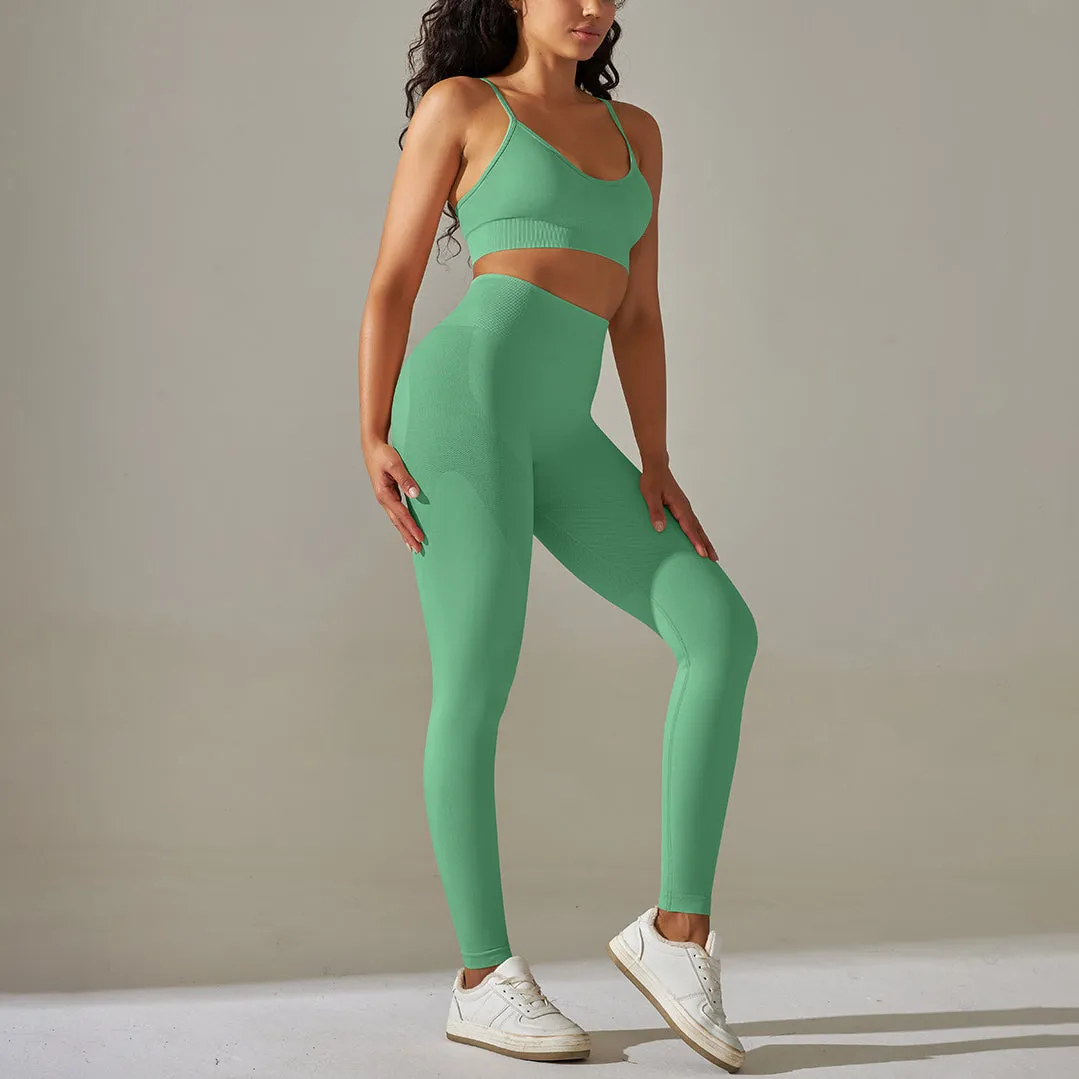 Seamless Solid Color Crop Tops High Waist Leggings Sports Suit Wholesale Womens Clothing