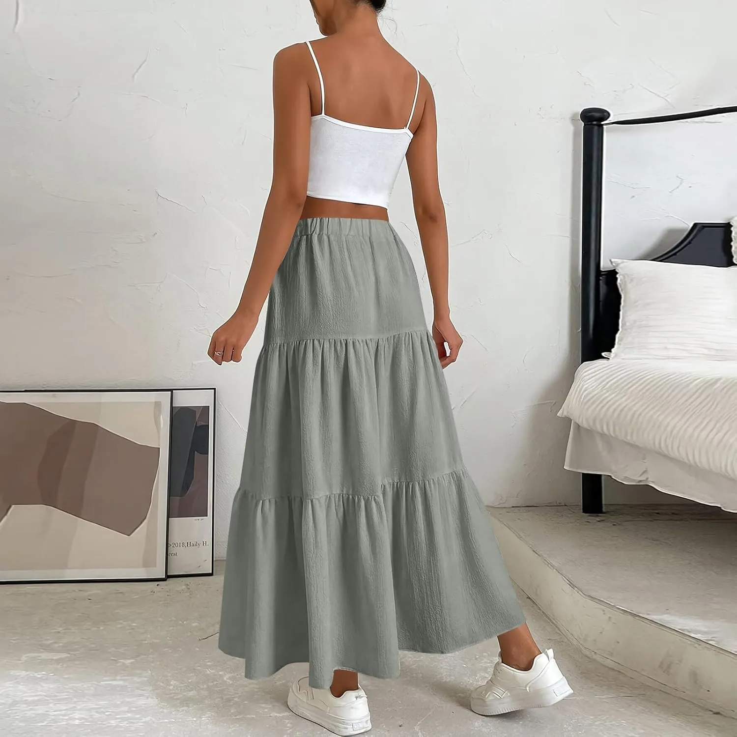 Skirts for Women Trendy High Waisted Tiered Linen Maxi Skirt Casual Flowy Pleated A Line Beach Long Skirts with Tie