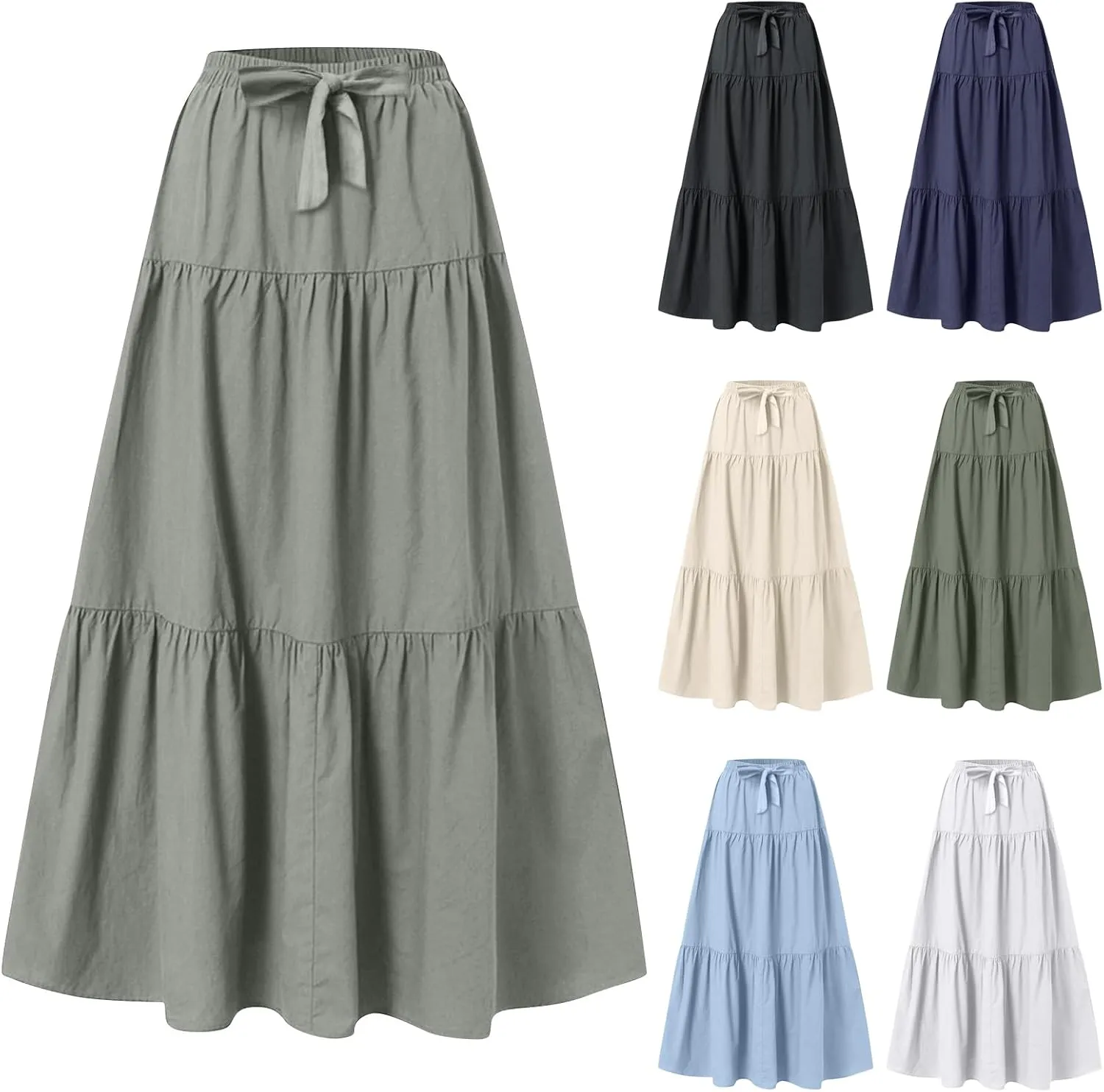 Skirts for Women Trendy High Waisted Tiered Linen Maxi Skirt Casual Flowy Pleated A Line Beach Long Skirts with Tie
