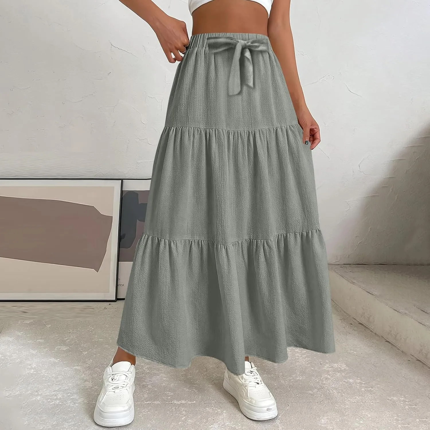 Skirts for Women Trendy High Waisted Tiered Linen Maxi Skirt Casual Flowy Pleated A Line Beach Long Skirts with Tie