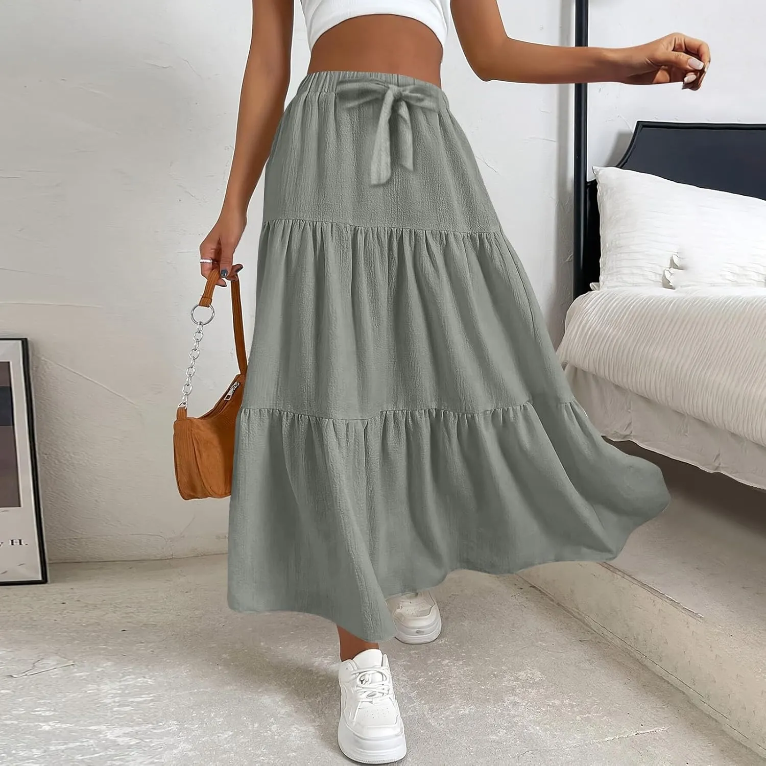 Skirts for Women Trendy High Waisted Tiered Linen Maxi Skirt Casual Flowy Pleated A Line Beach Long Skirts with Tie