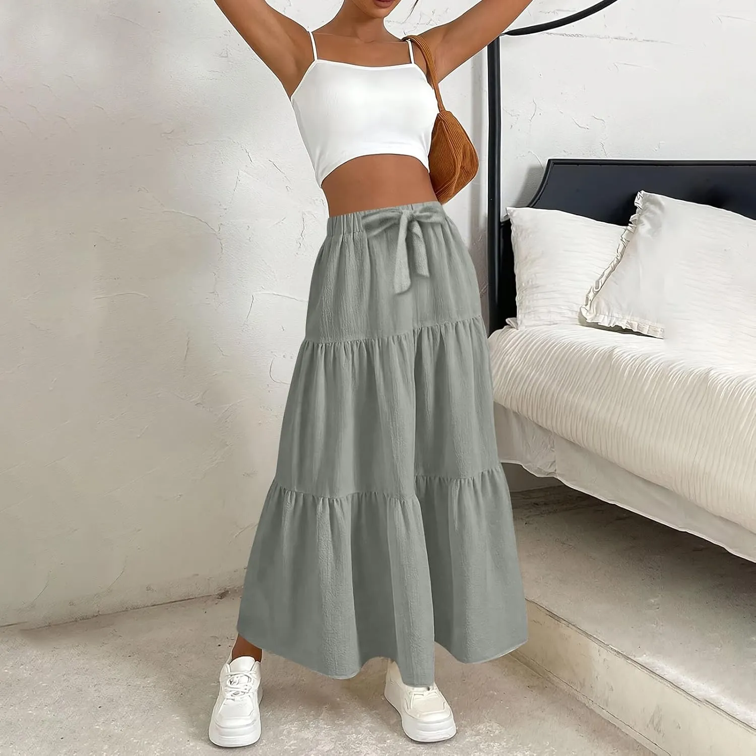 Skirts for Women Trendy High Waisted Tiered Linen Maxi Skirt Casual Flowy Pleated A Line Beach Long Skirts with Tie