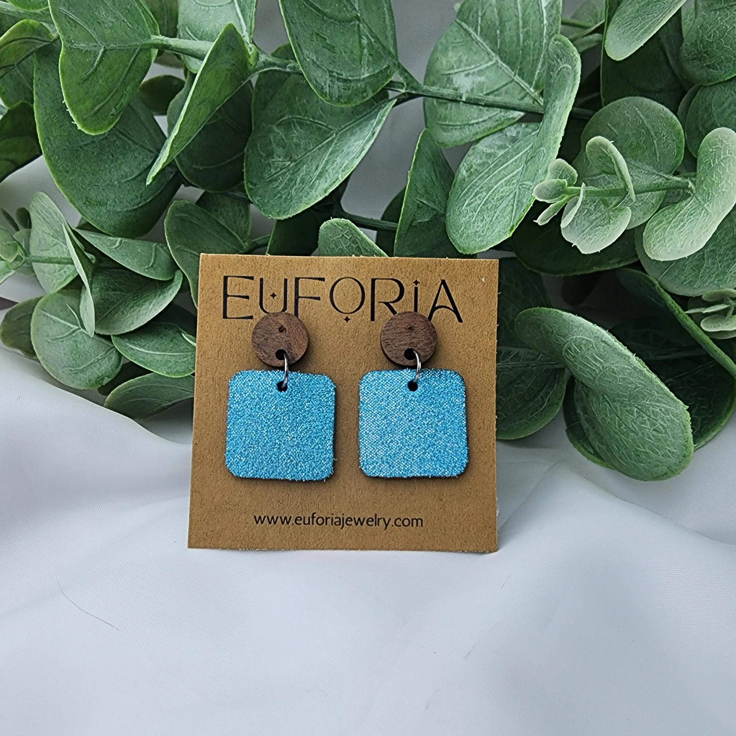 Small Square Leather Earrings - Aqua Dazzle