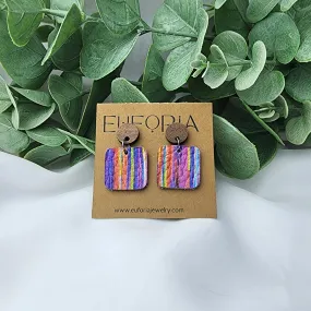 Small Square Leather Earrings - Bright Multi- Color Artistic Stripes