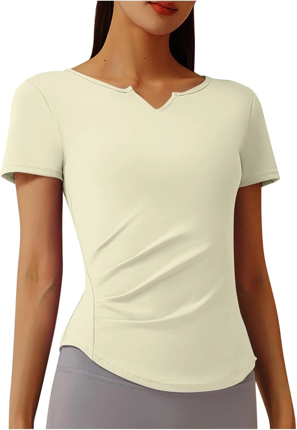 Soft Workout Tops for Women Short Sleeve Sun Shirt V Notch Slim Fitted Athletic Yoga Shirts Quick Dry Gym Running Top