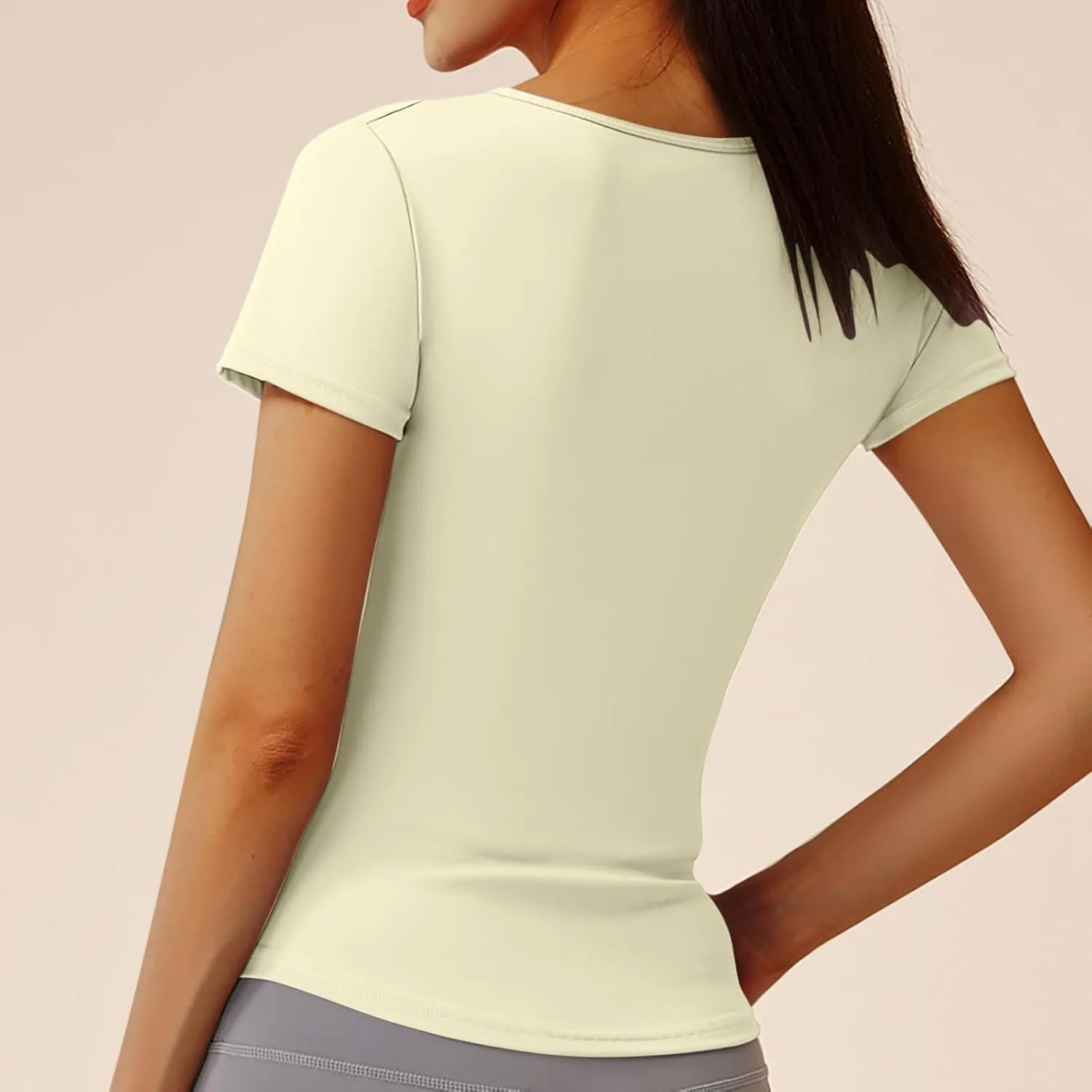 Soft Workout Tops for Women Short Sleeve Sun Shirt V Notch Slim Fitted Athletic Yoga Shirts Quick Dry Gym Running Top