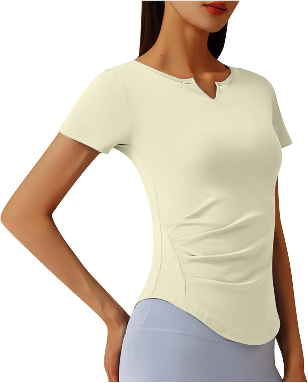 Soft Workout Tops for Women Short Sleeve Sun Shirt V Notch Slim Fitted Athletic Yoga Shirts Quick Dry Gym Running Top