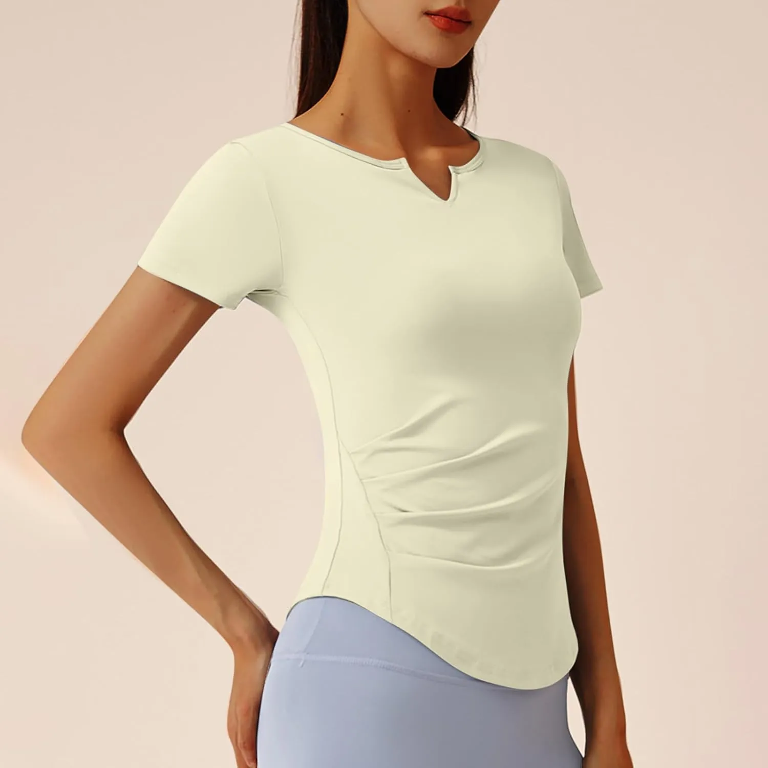 Soft Workout Tops for Women Short Sleeve Sun Shirt V Notch Slim Fitted Athletic Yoga Shirts Quick Dry Gym Running Top