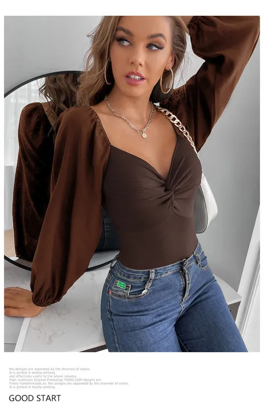 Solid Fitted Balloon Sleeve Square Back Bodysuit