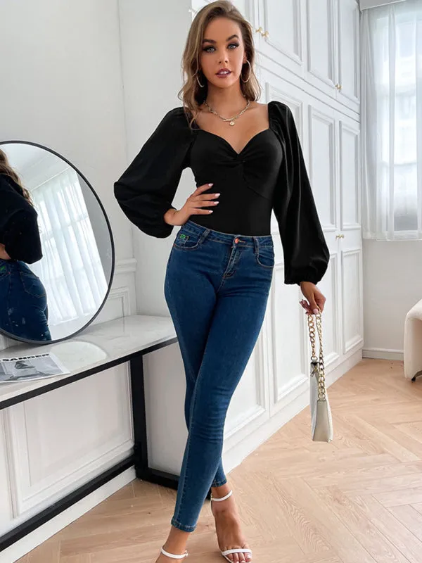 Solid Fitted Balloon Sleeve Square Back Bodysuit