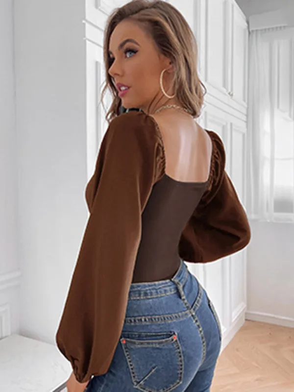 Solid Fitted Balloon Sleeve Square Back Bodysuit