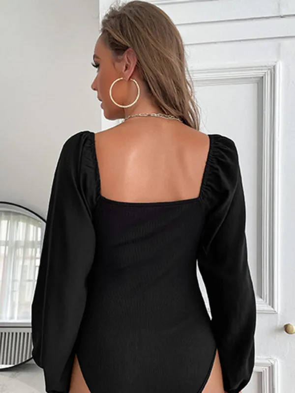 Solid Fitted Balloon Sleeve Square Back Bodysuit