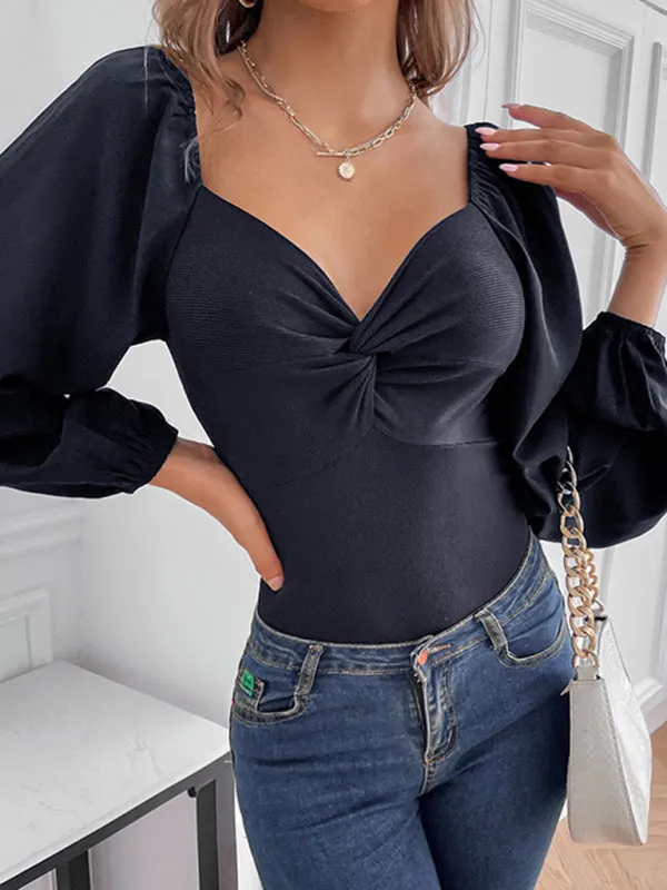 Solid Fitted Balloon Sleeve Square Back Bodysuit