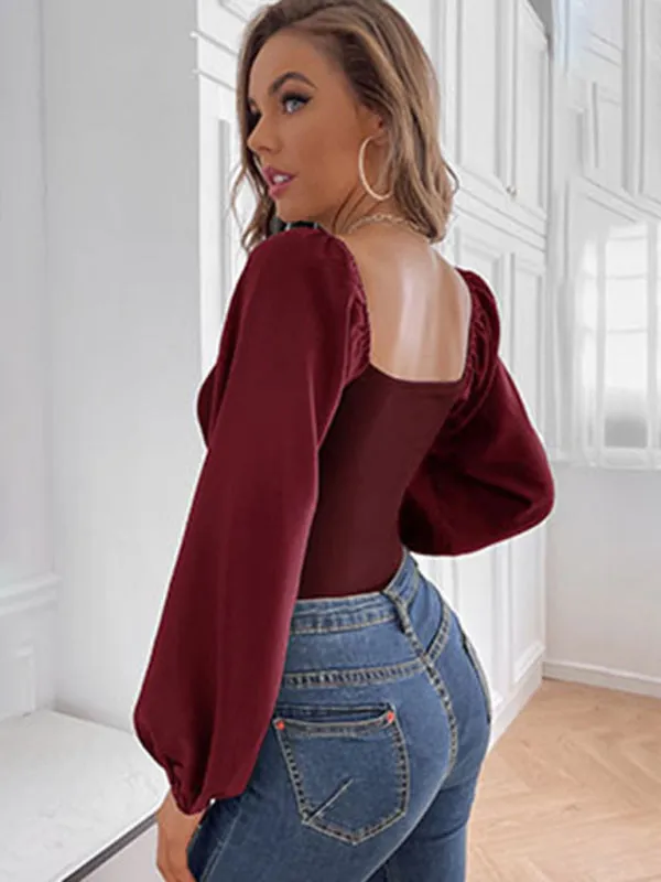 Solid Fitted Balloon Sleeve Square Back Bodysuit