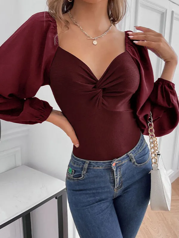 Solid Fitted Balloon Sleeve Square Back Bodysuit