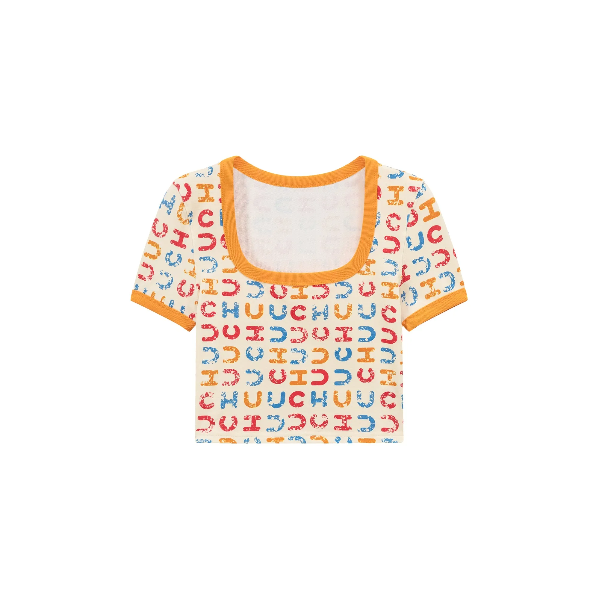 Square Neck Color Chuu Lettering Pattern Crop T-Shirt