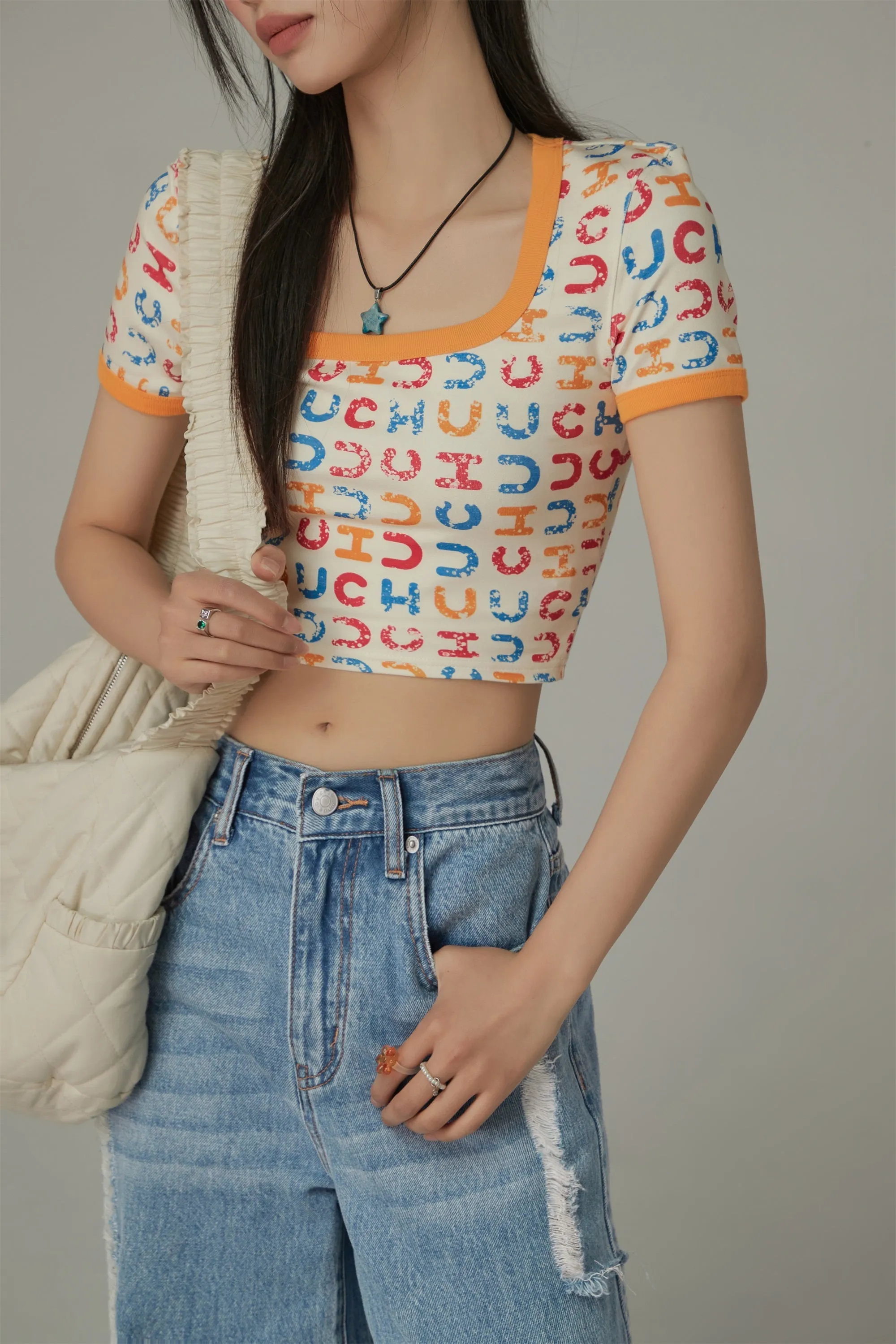 Square Neck Color Chuu Lettering Pattern Crop T-Shirt