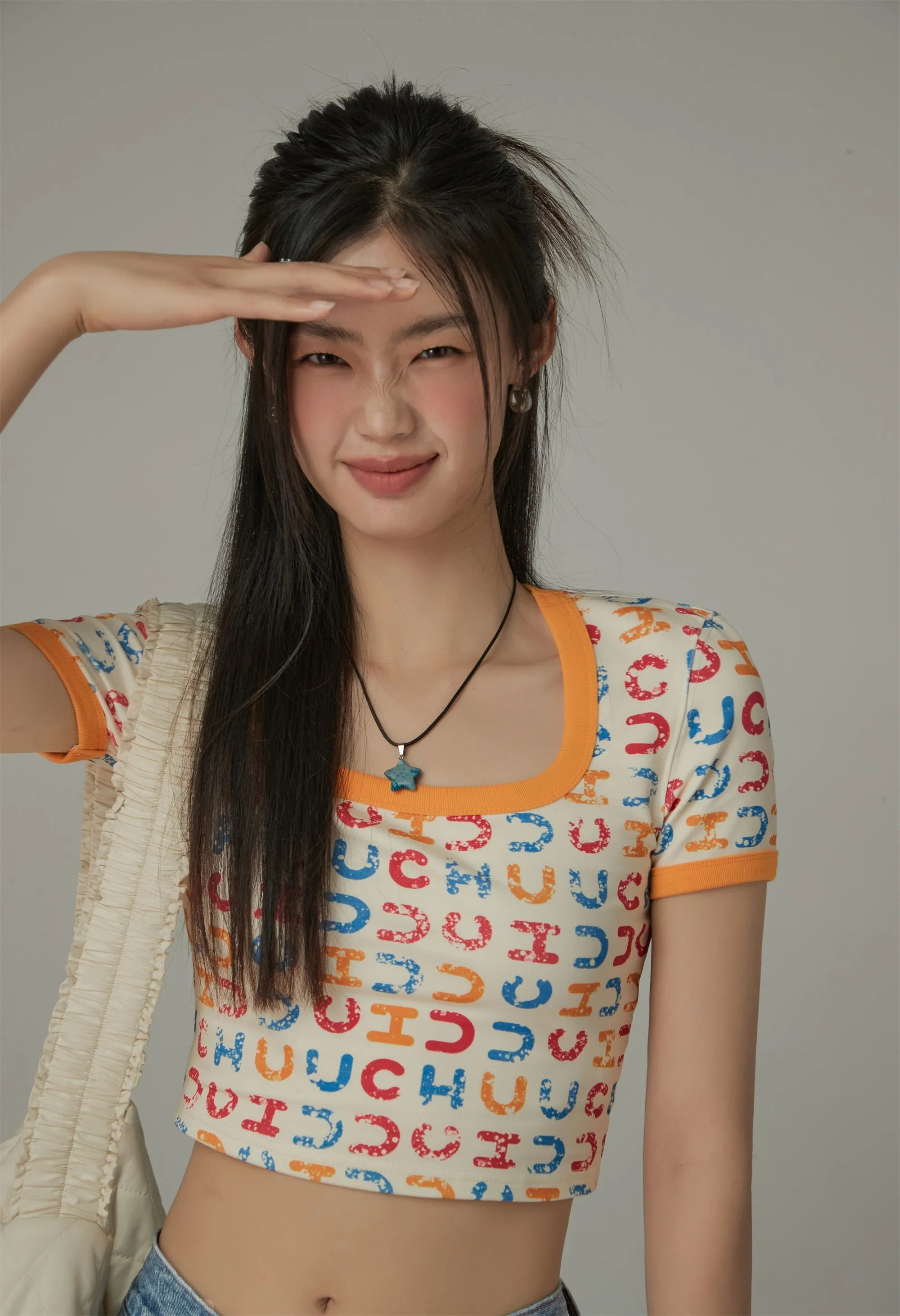 Square Neck Color Chuu Lettering Pattern Crop T-Shirt