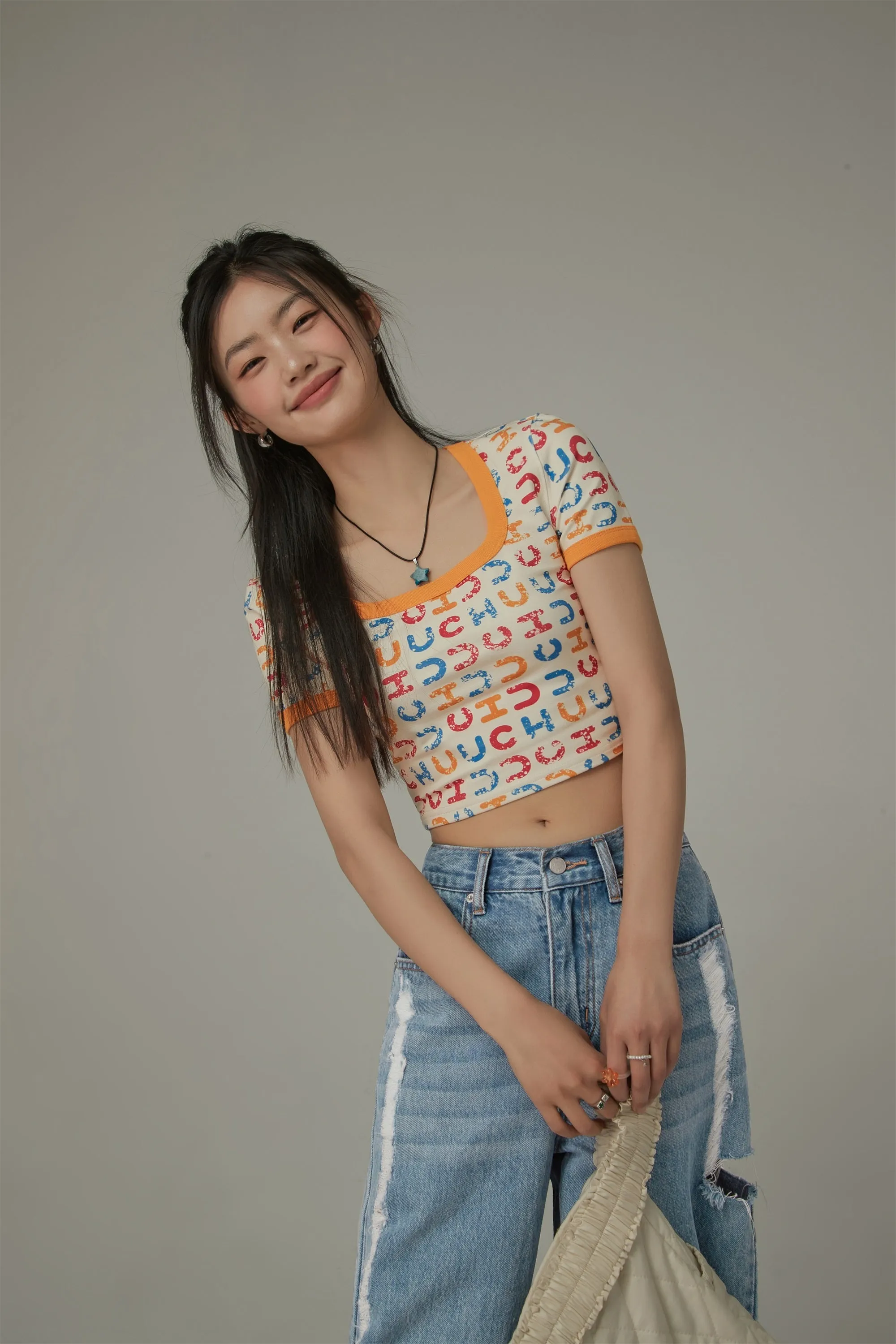 Square Neck Color Chuu Lettering Pattern Crop T-Shirt
