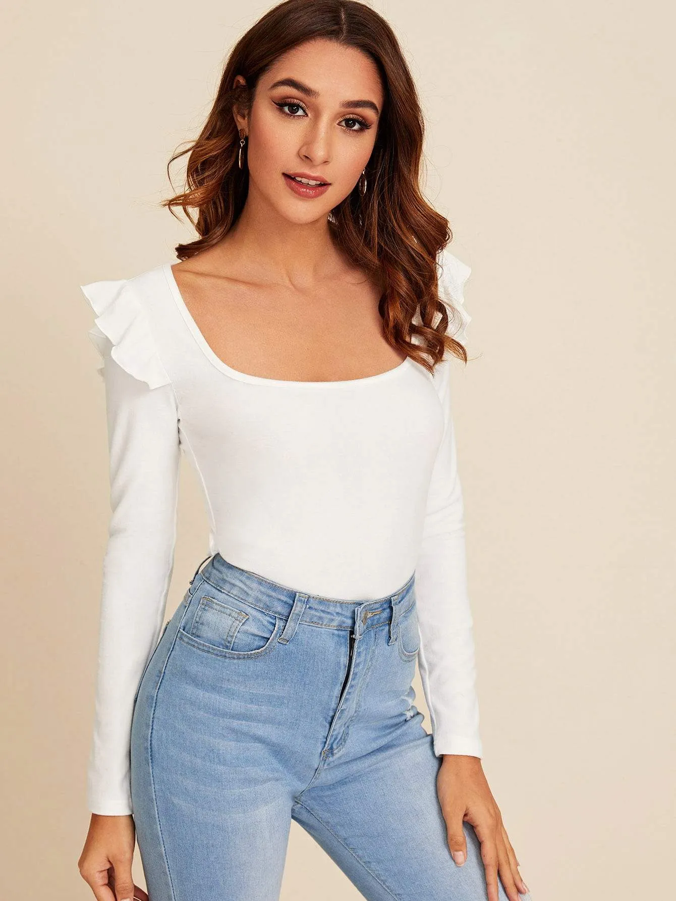 Square Neck Ruffle Slim Tee