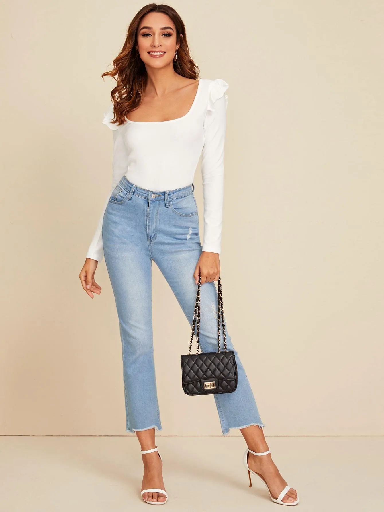 Square Neck Ruffle Slim Tee