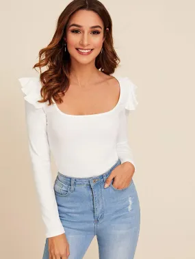 Square Neck Ruffle Slim Tee